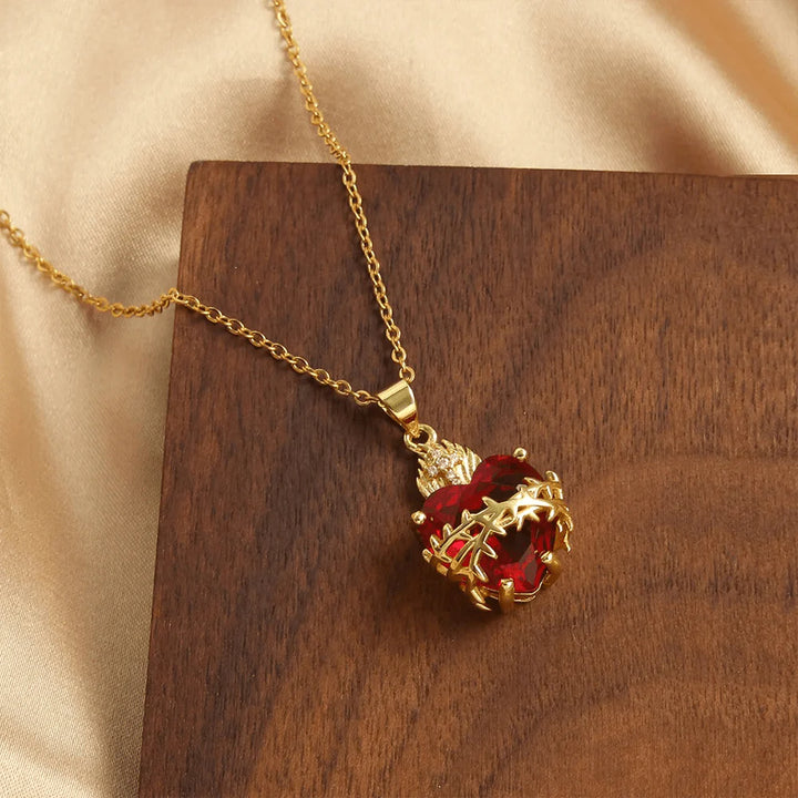 BlessingTree Red Sacred Heart Cross Necklace Zircon Catholic Devotional Pendant