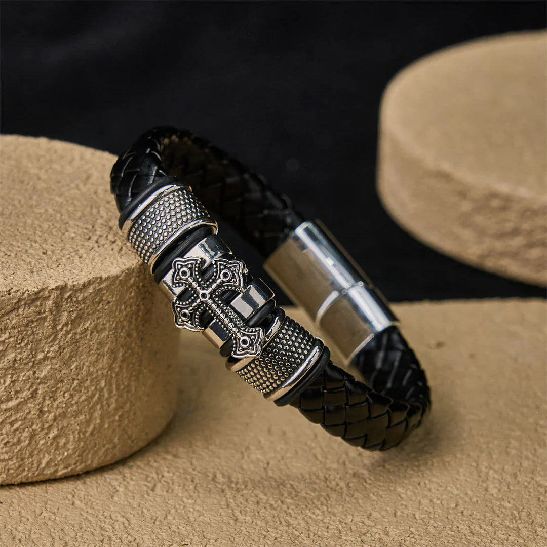 BlessingTree Braided Leather Cross Bracelet
