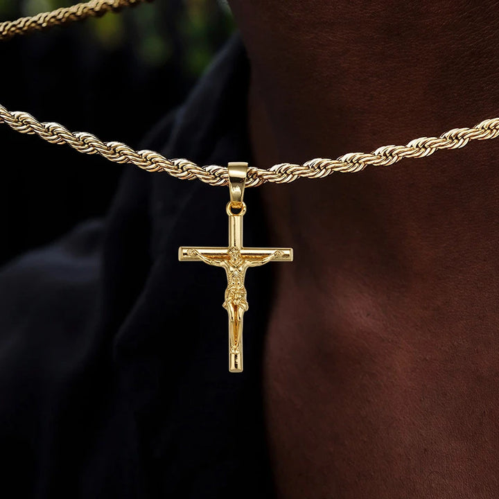 BlessingTree Gold Crucifix Pendant Necklace 18K Gold Plated Rope Chain Catholic Jesus Cross