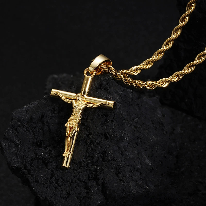 BlessingTree Gold Crucifix Pendant Necklace 18K Gold Plated Rope Chain Catholic Jesus Cross
