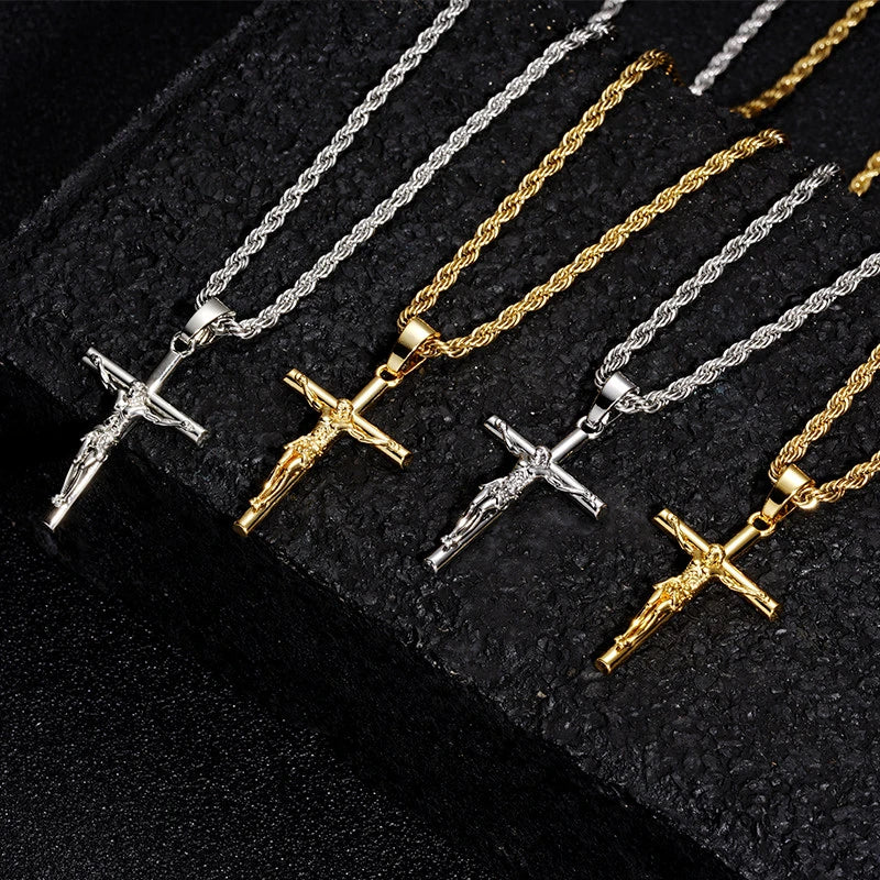 BlessingTree Gold Crucifix Pendant Necklace 18K Gold Plated Rope Chain Catholic Jesus Cross