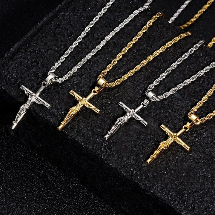 BlessingTree Gold Crucifix Pendant Necklace 18K Gold Plated Rope Chain Catholic Jesus Cross