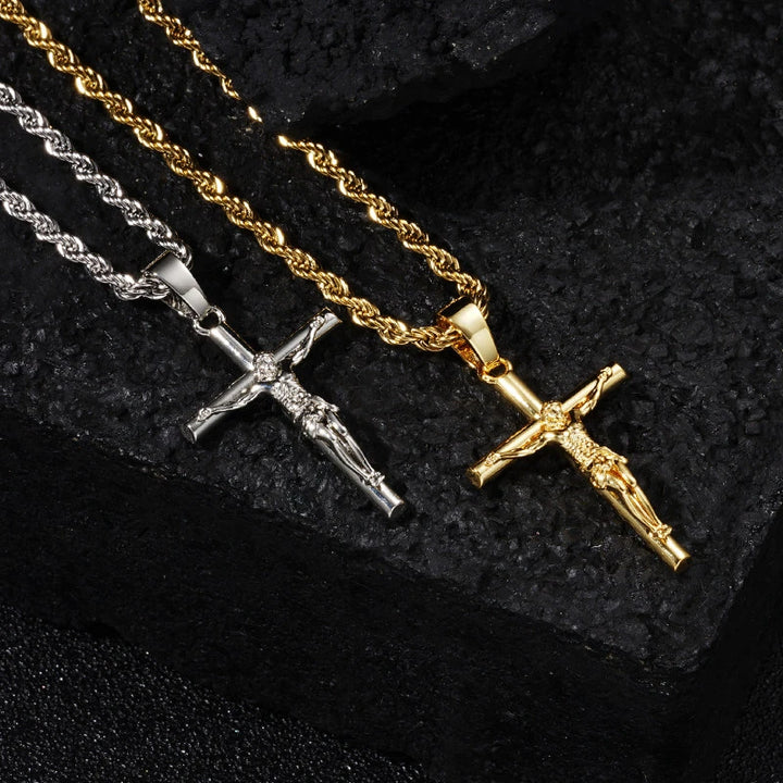 BlessingTree Gold Crucifix Pendant Necklace 18K Gold Plated Rope Chain Catholic Jesus Cross