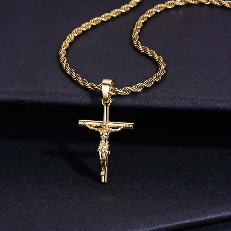 BlessingTree Gold Crucifix Pendant Necklace 18K Gold Plated Rope Chain Catholic Jesus Cross