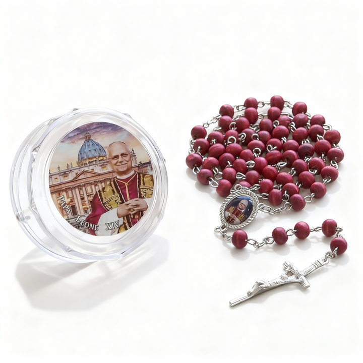 BlessingTree Pope Leo XIV Red Rose Scented Wooden Rosary Necklace with Crucifix