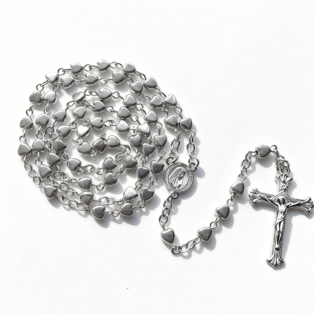 BlessingTree Heart Bead Rosary Necklace with Crucifix