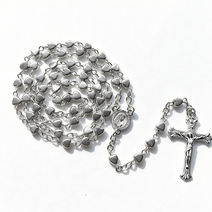 BlessingTree Heart Bead Rosary Necklace with Crucifix