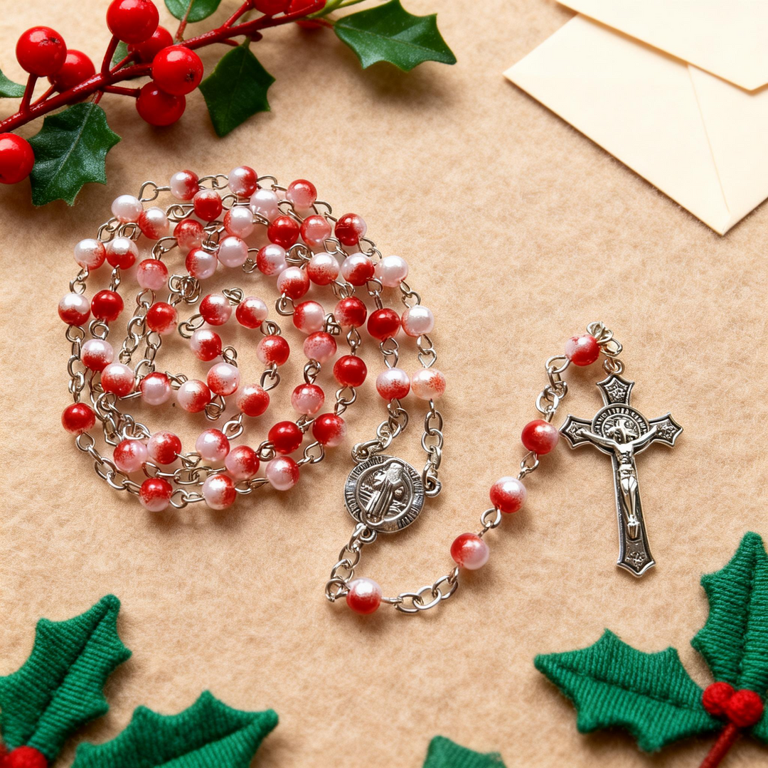 BlessingTree Red & White Pearl Rosary Necklace