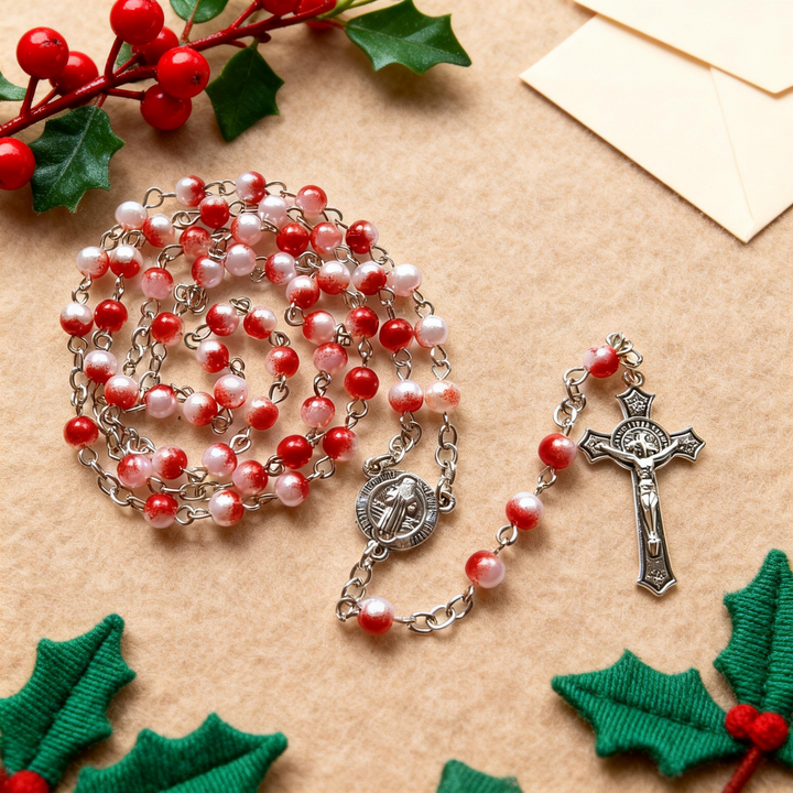BlessingTree Red & White Pearl Rosary Necklace