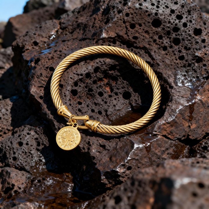 BlessingTree Stainless Steel Cable Bracelet with Saint Benedict Medal