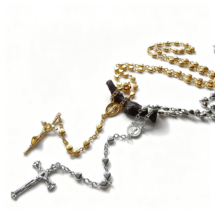 BlessingTree Heart Bead Rosary Necklace with Crucifix