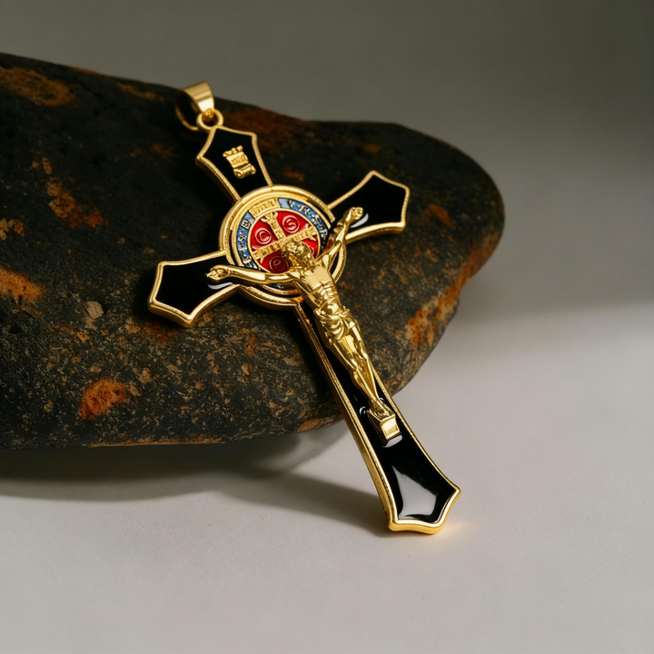 BlessingTree Saint Benedict Crucifix Necklace in Red, Blue, and Black Enamel