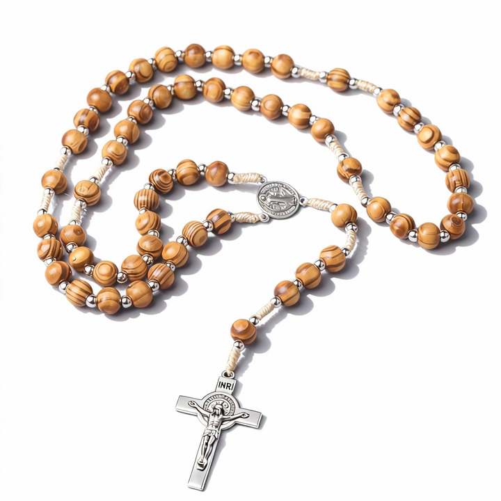 BlessingTree Natural Wood Bead Rosary with St. Benedict Crucifix