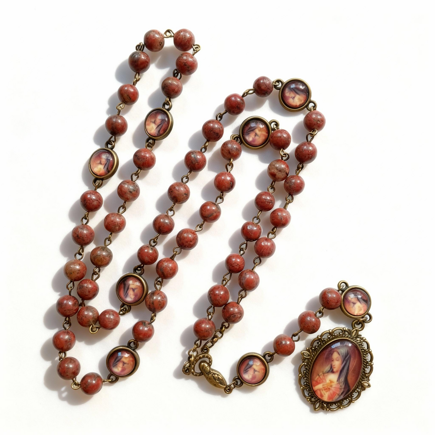BlessingTree Vintage Jasper Rosary Necklace with Virgin Mary Medal and Crucifix Pendant