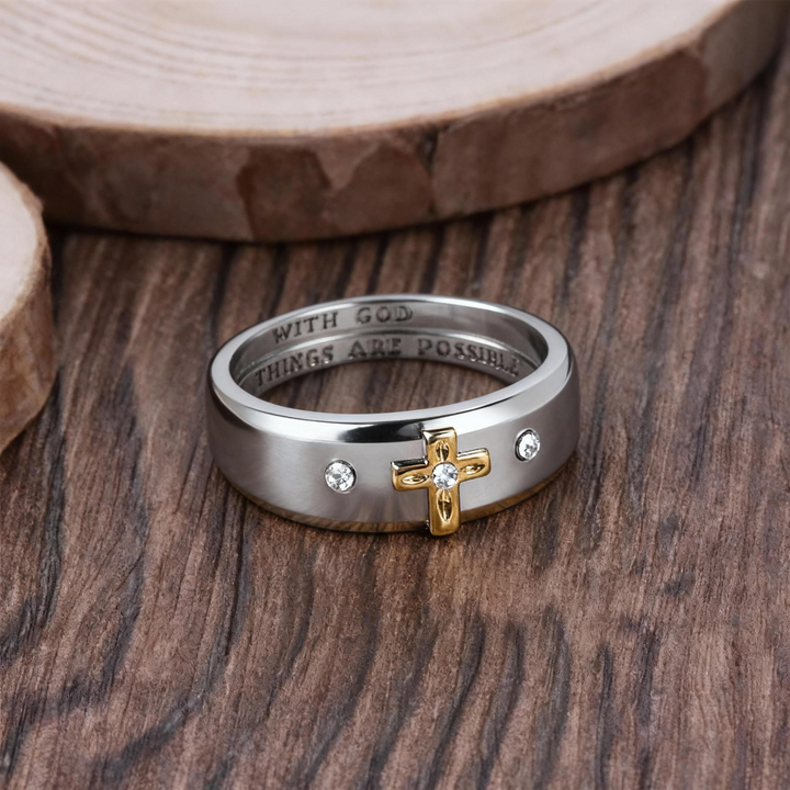 BlessingTree Two-Tone Cross Ring with Engraved Faith Message
