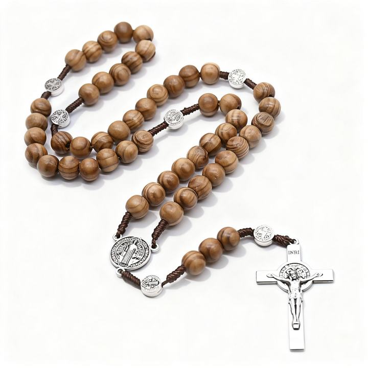 BlessingTree 10mm Pine Wood Beads Rosary Necklace with Alloy Crucifix