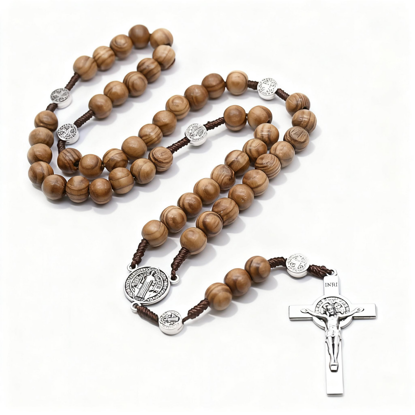 BlessingTree 10mm Pine Wood Beads Rosary Necklace with Alloy Crucifix