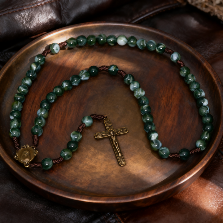 BlessingTree Green Stone Catholic Rosary Necklace with Crucifix and Mary Medal