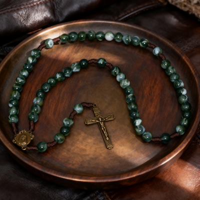 BlessingTree Green Stone Catholic Rosary Necklace with Crucifix and Mary Medal