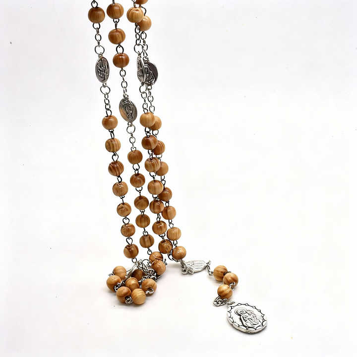 BlessingTree Seven Sorrows Rosary Necklace with Brown Pinewood Beads and Alloy Medals
