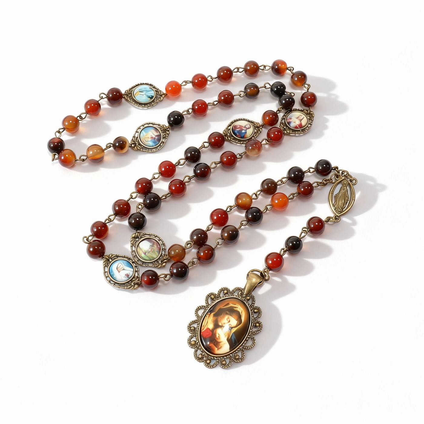 BlessingTree Traditional Five-Decade Rosary Necklace with Red Agate Beads & Virgin Mary Pendant