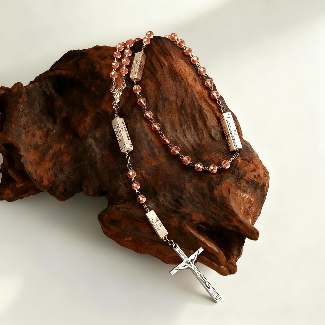 BlessingTree Light Rose Mysteries Rosary Necklace with Silver Crucifix