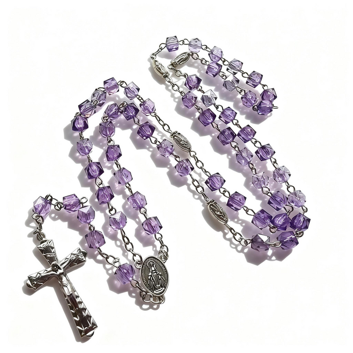 BlessingTree Square Crystal Rosary Necklace with Alloy Cross Pendant