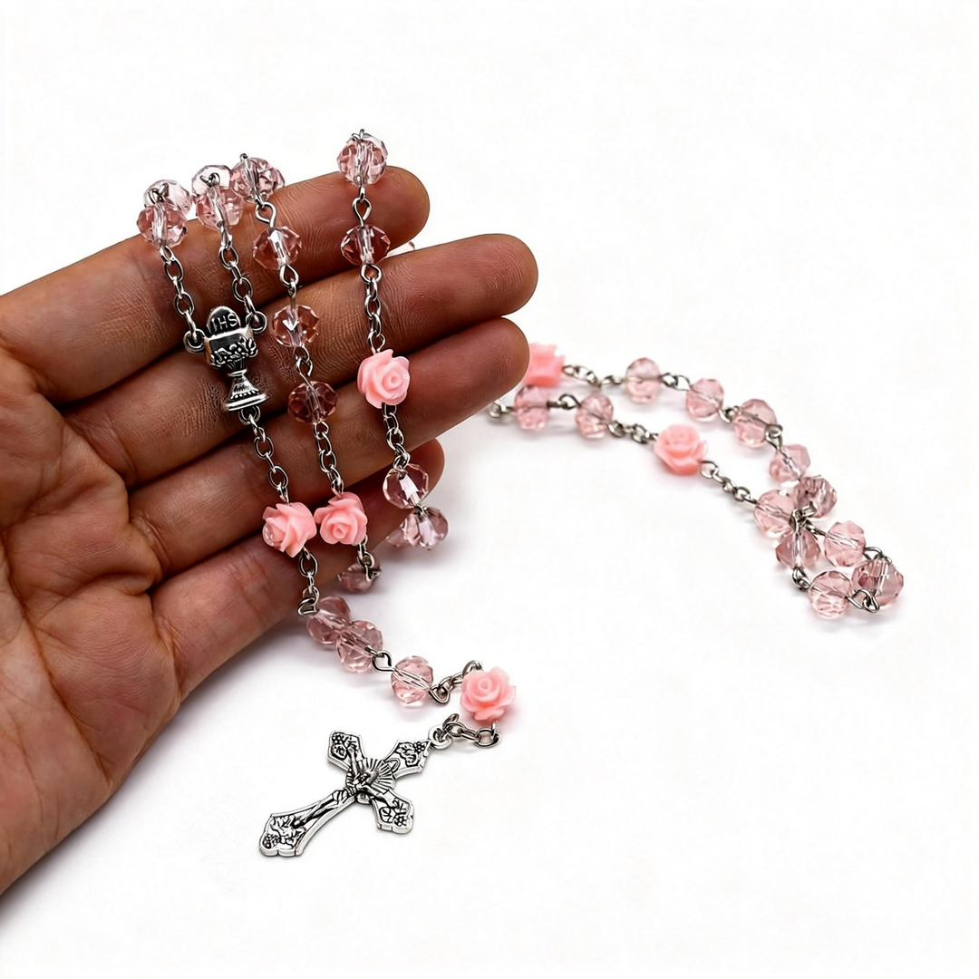 BlessingTree Pink Rose Glass Bead Rosary Necklace