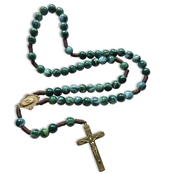 BlessingTree Green Stone Catholic Rosary Necklace with Crucifix and Mary Medal