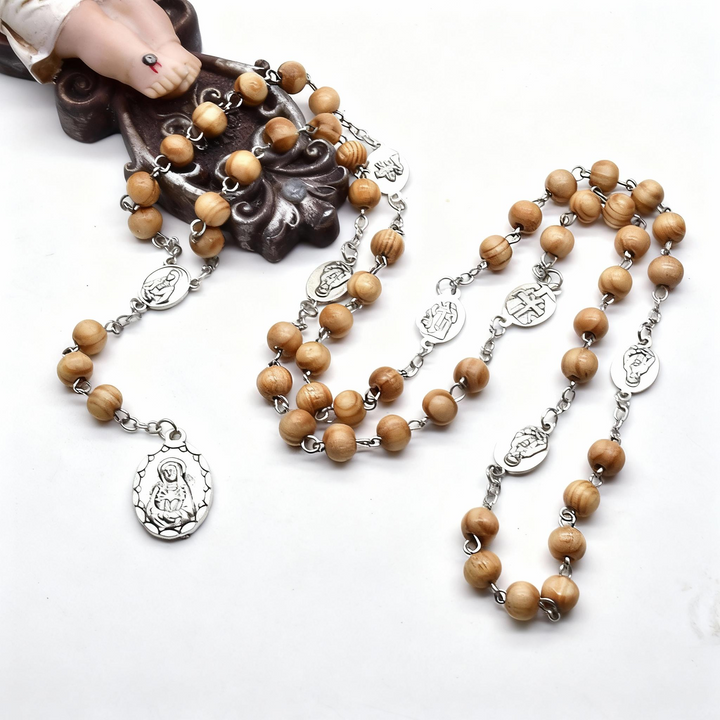 BlessingTree Seven Sorrows Rosary Necklace with Brown Pinewood Beads and Alloy Medals