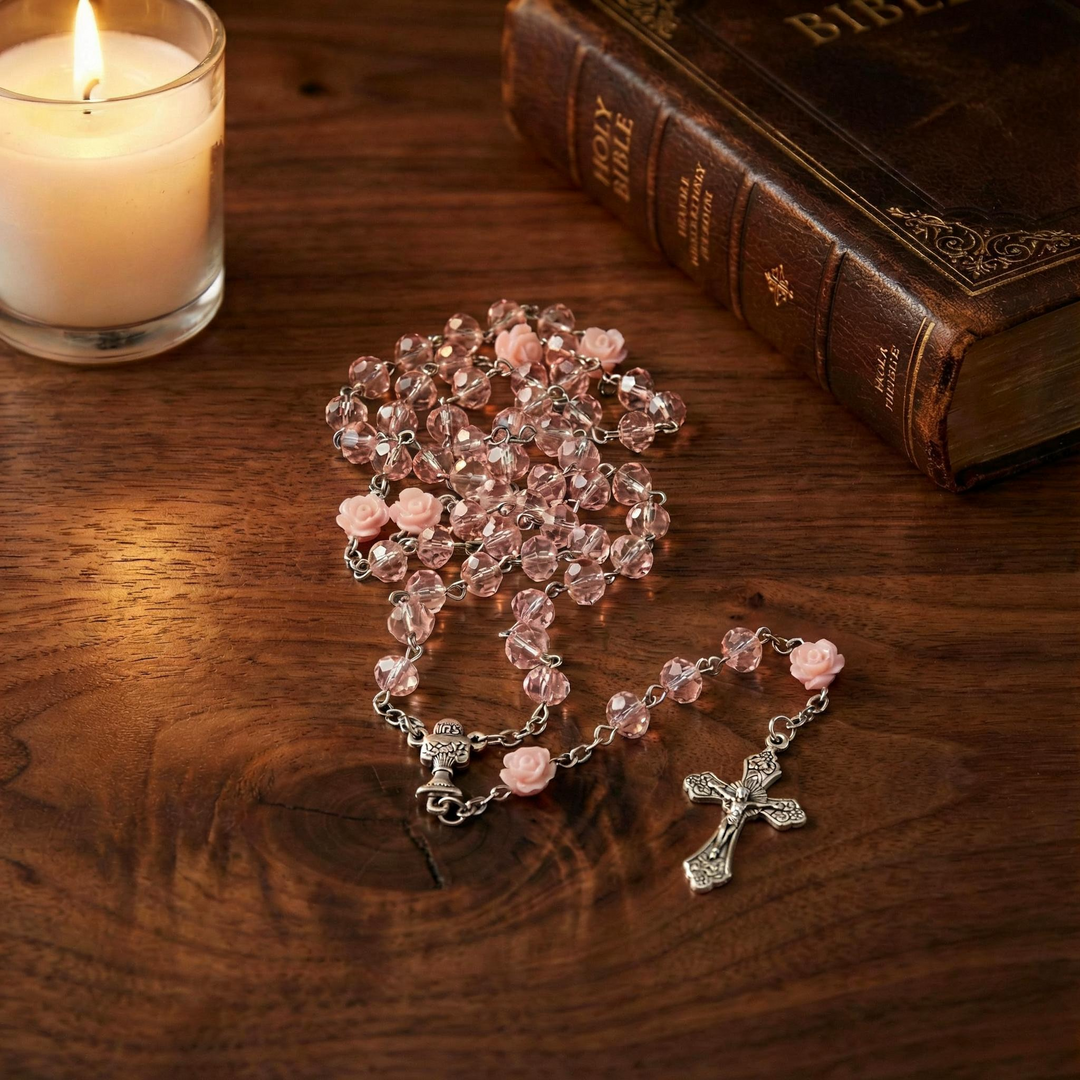 BlessingTree Pink Rose Glass Bead Rosary Necklace