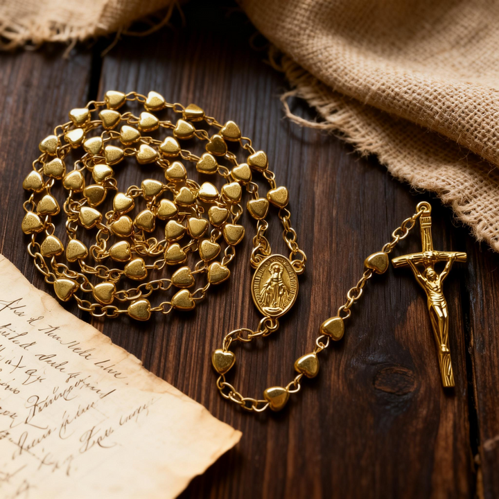 BlessingTree Heart Bead Rosary Necklace with Crucifix