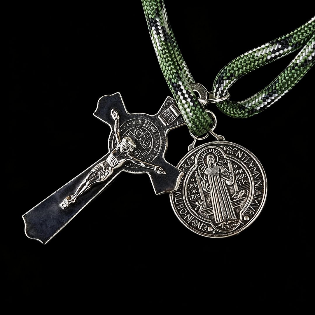 BlessingTree St. Benedict Pocket Rosary – Black Beads with Green Paracord and Silver Crucifix