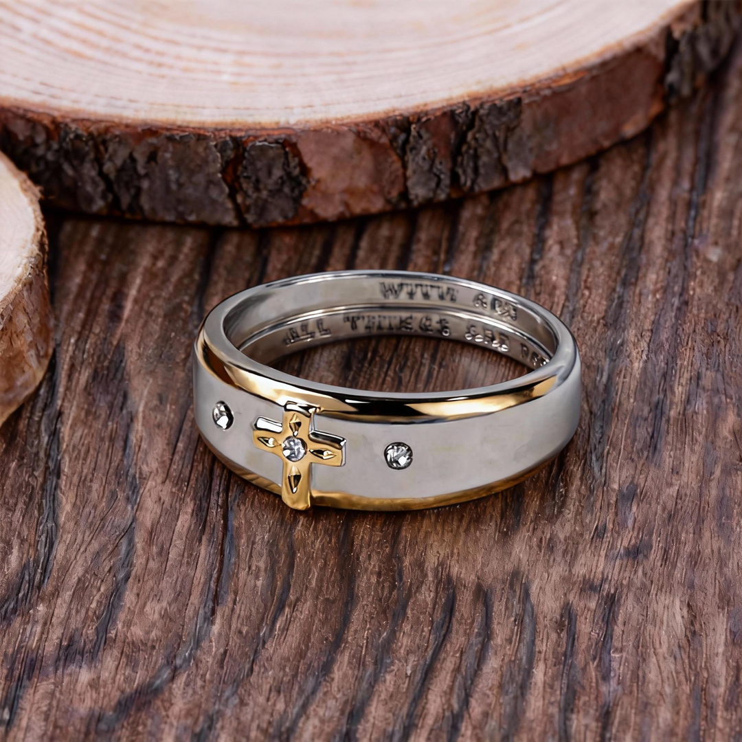 BlessingTree Two-Tone Cross Ring with Engraved Faith Message