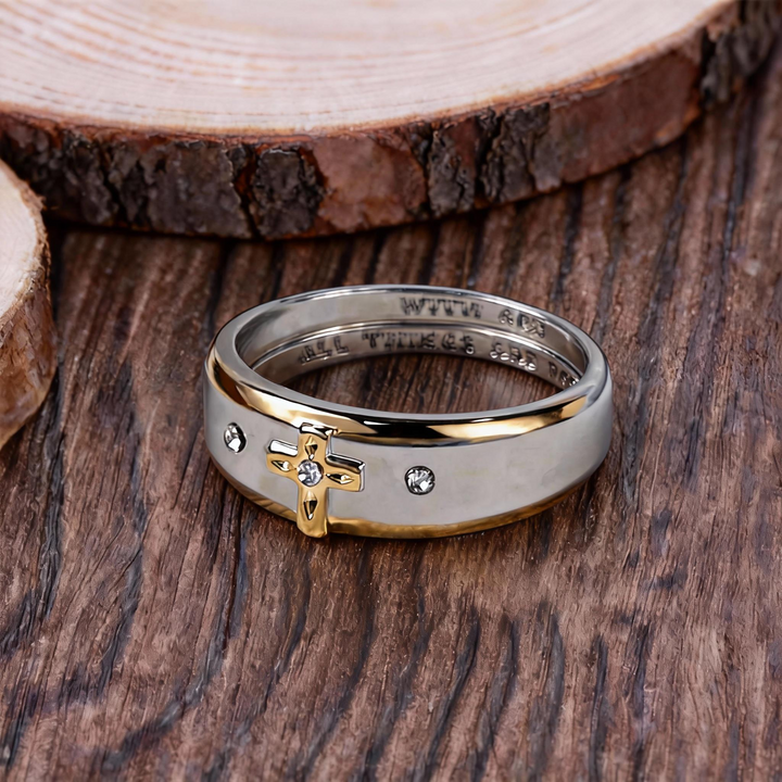 BlessingTree Two-Tone Cross Ring with Engraved Faith Message