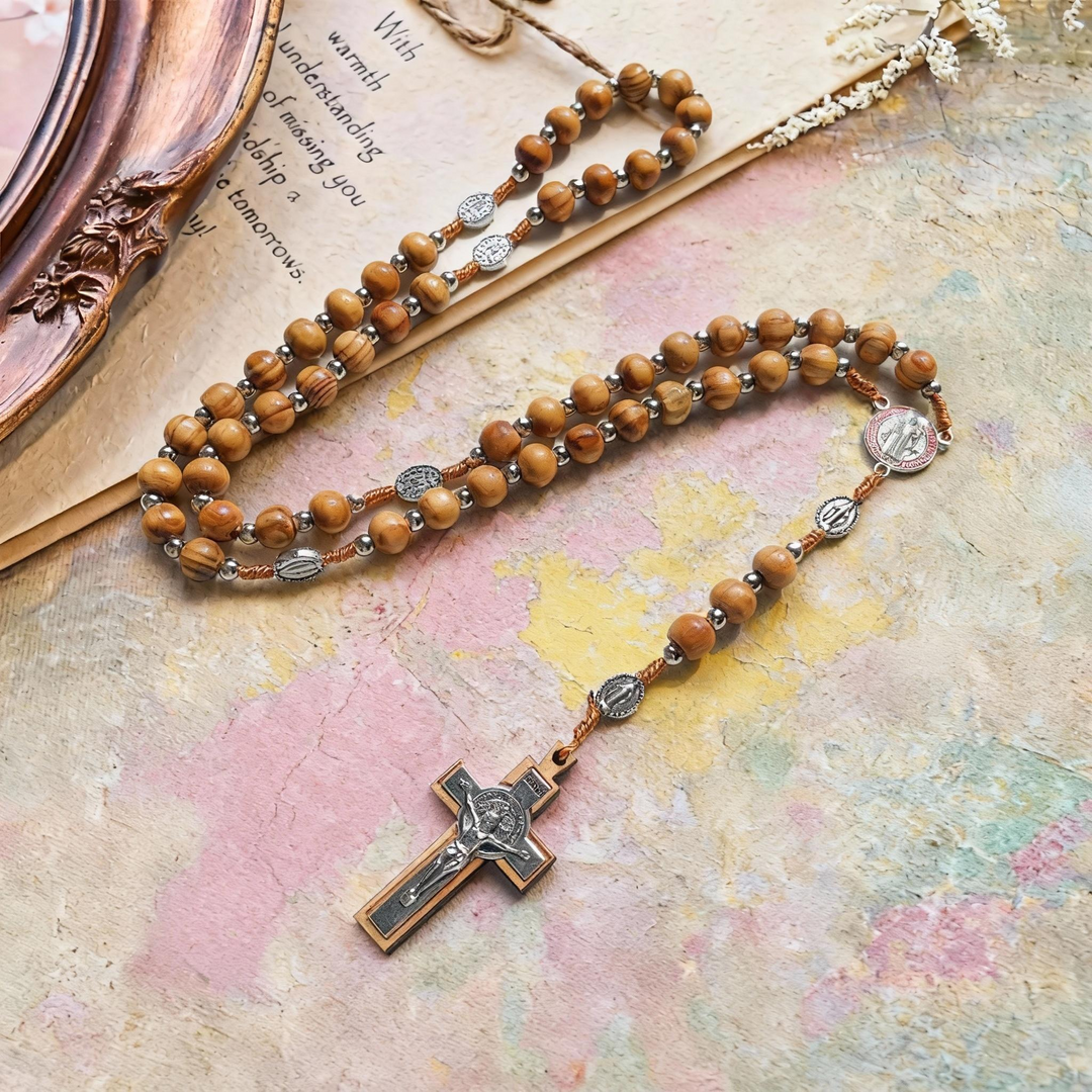 BlessingTree Vintage Natural Wood Bead Rosary Necklace
