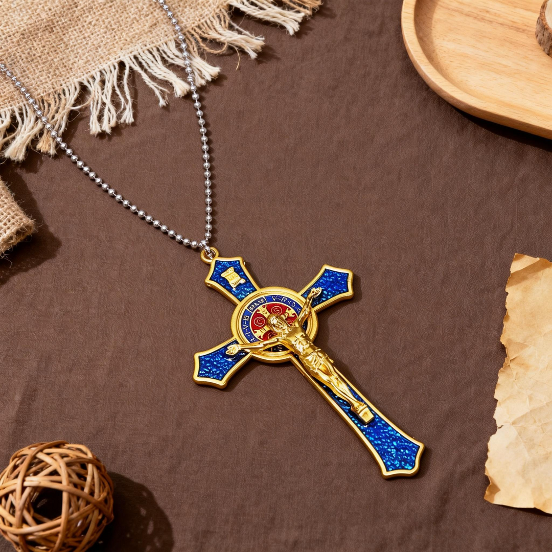 BlessingTree Saint Benedict Crucifix Necklace in Red, Blue, and Black Enamel