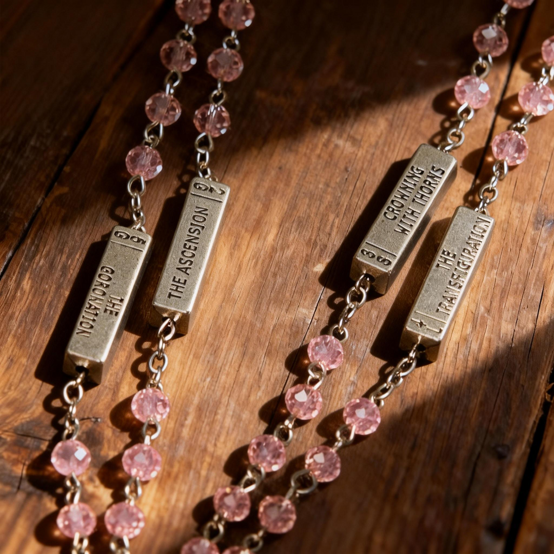 BlessingTree Light Rose Mysteries Rosary Necklace with Silver Crucifix