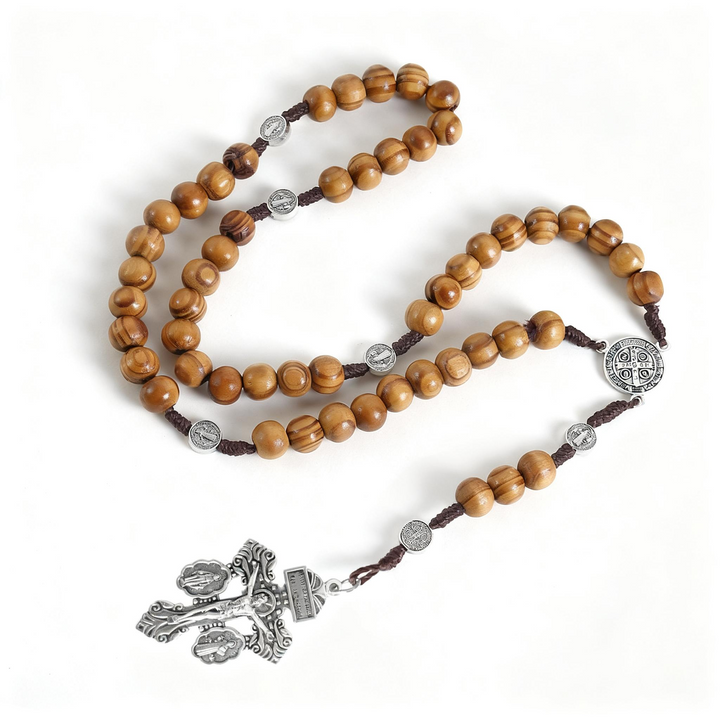 BlessingTree 10mm Pine Wood Beads Rosary Necklace with Alloy Crucifix