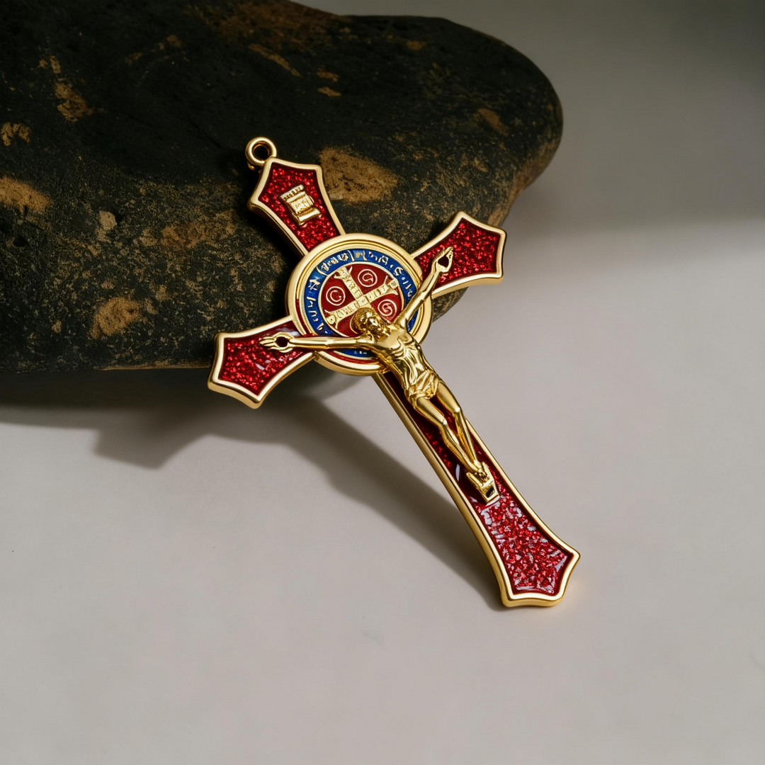 BlessingTree Saint Benedict Crucifix Necklace in Red, Blue, and Black Enamel