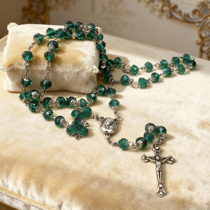 BlessingTree Emerald Crystal Rosary with Silver Crucifix – A Handcrafted Beaded Prayer Necklace