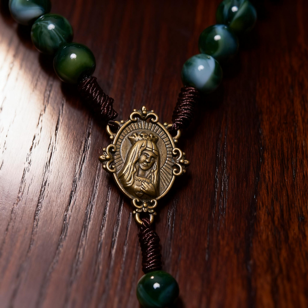 BlessingTree Green Stone Catholic Rosary Necklace with Crucifix and Mary Medal