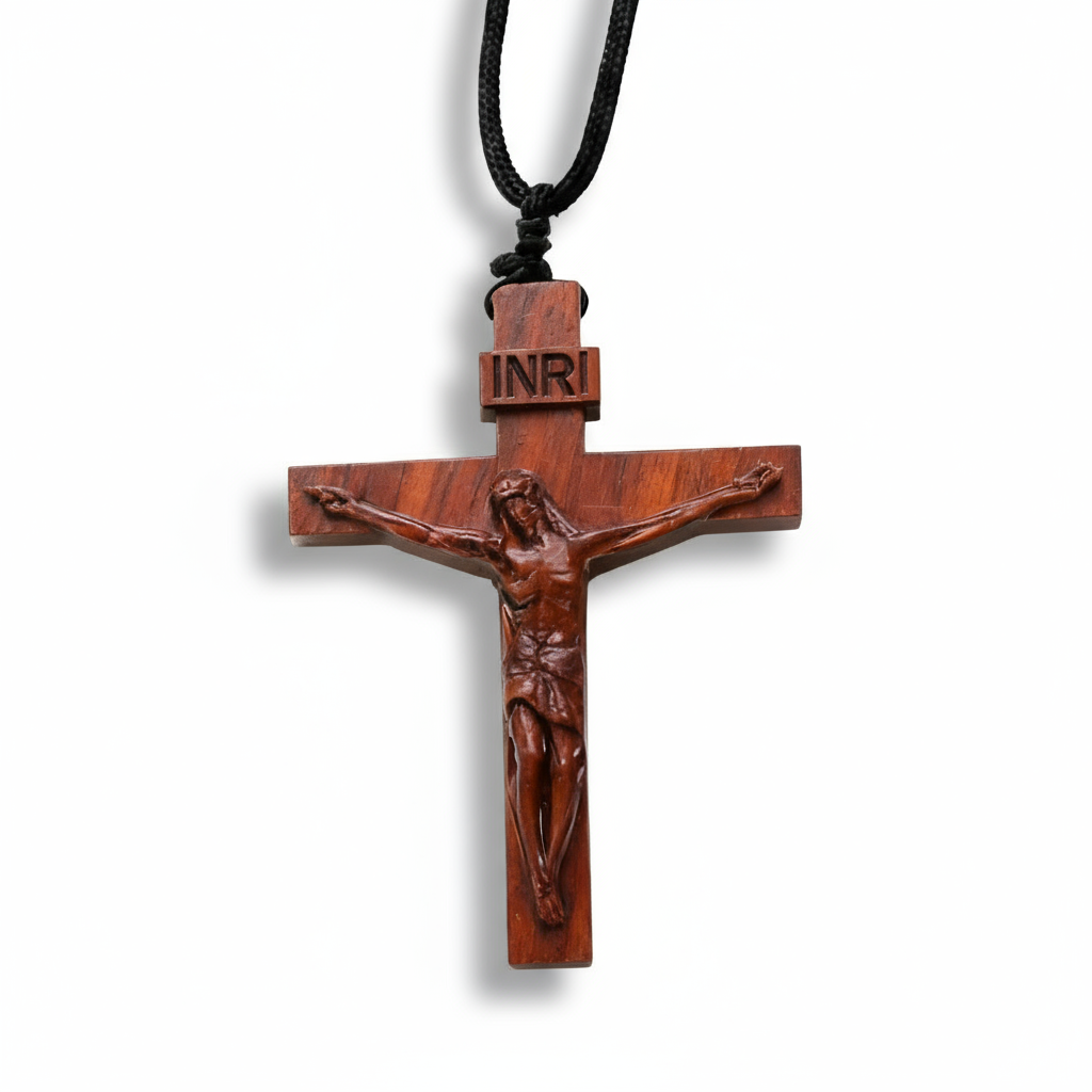 BlessingTree Natural Wood Crucifix Necklace, Hand-Carved Jesus Pendant with Adjustable Cord