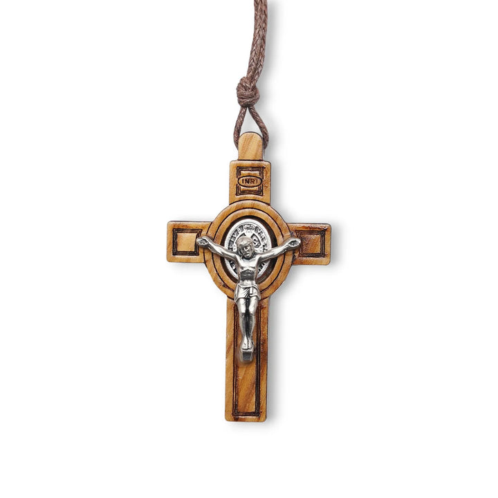 BlessingTree Olive Wood Saint Benedict Cross Necklace, Hand Polished Catholic Crucifix with Cord