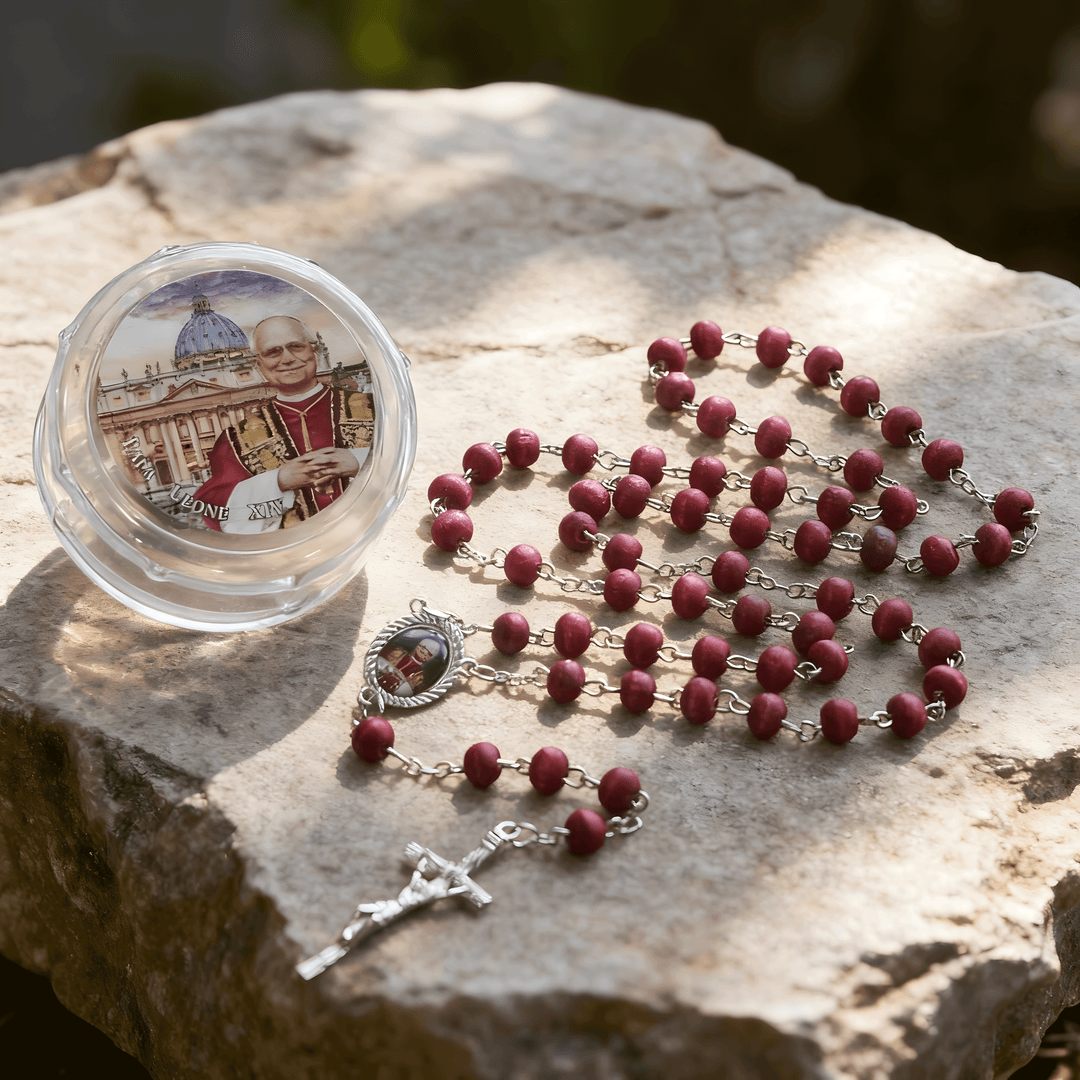 BlessingTree Pope Leo XIV Red Rose Scented Wooden Rosary Necklace with Crucifix