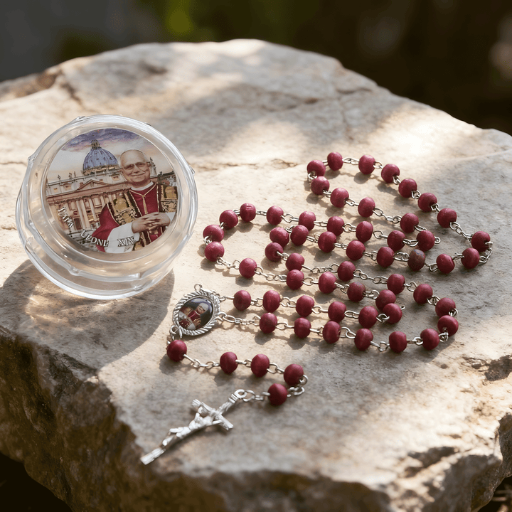 BlessingTree Pope Leo XIV Red Rose Scented Wooden Rosary Necklace with Crucifix