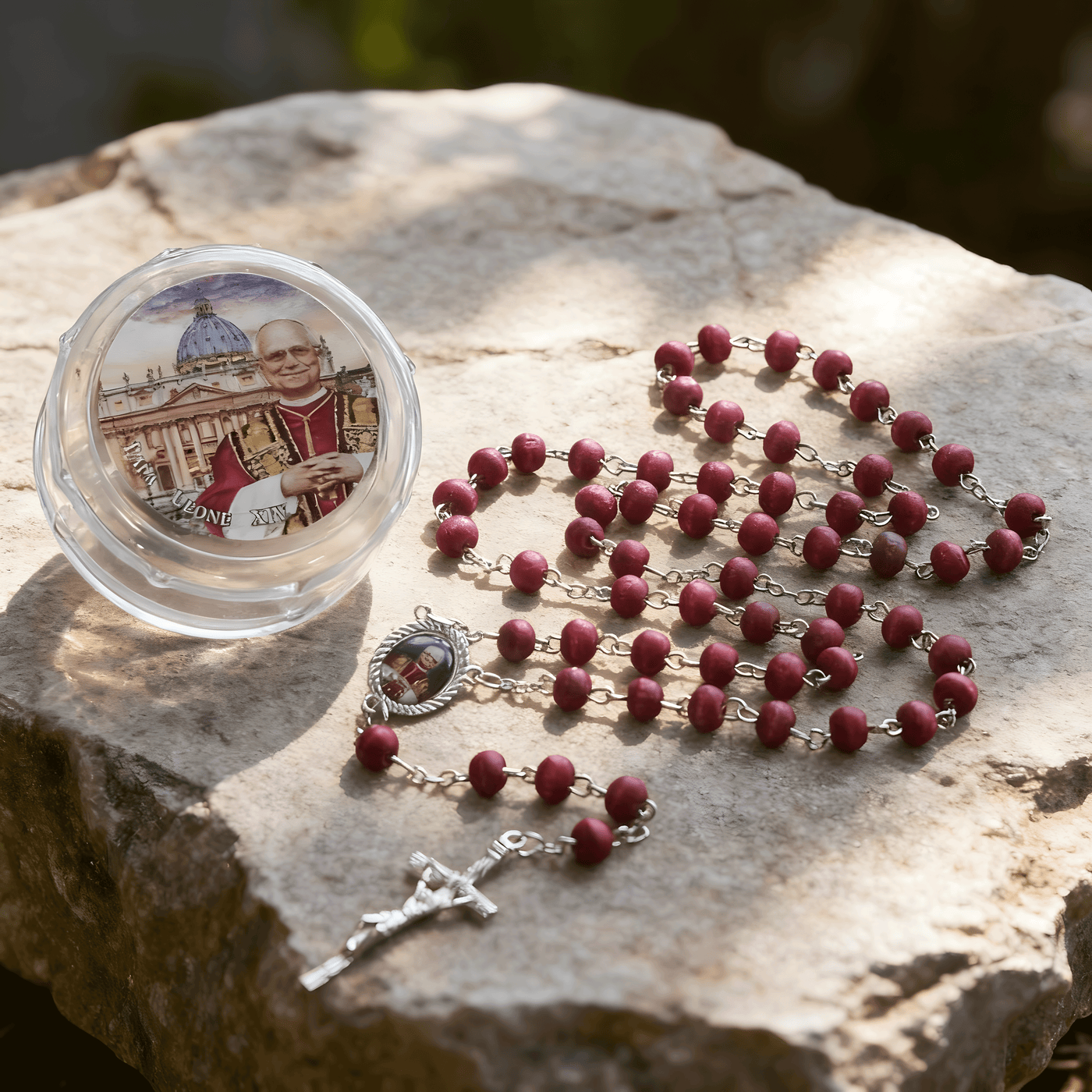 BlessingTree Pope Leo XIV Red Rose Scented Wooden Rosary Necklace with Crucifix