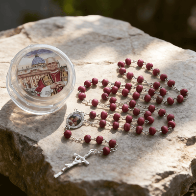 BlessingTree Pope Leo XIV Red Rose Scented Wooden Rosary Necklace with Crucifix