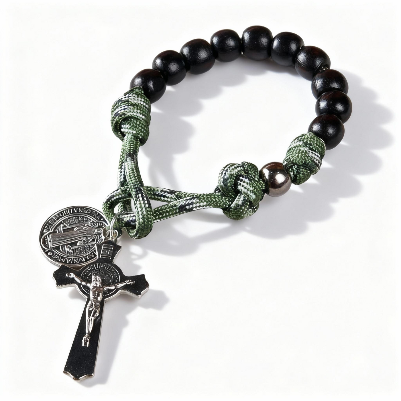 BlessingTree St. Benedict Pocket Rosary – Black Wood Beads with Green Paracord and Silver Crucifix