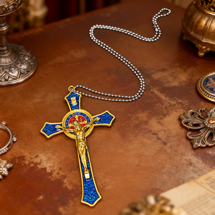 BlessingTree Saint Benedict Crucifix Necklace in Red, Blue, and Black Enamel